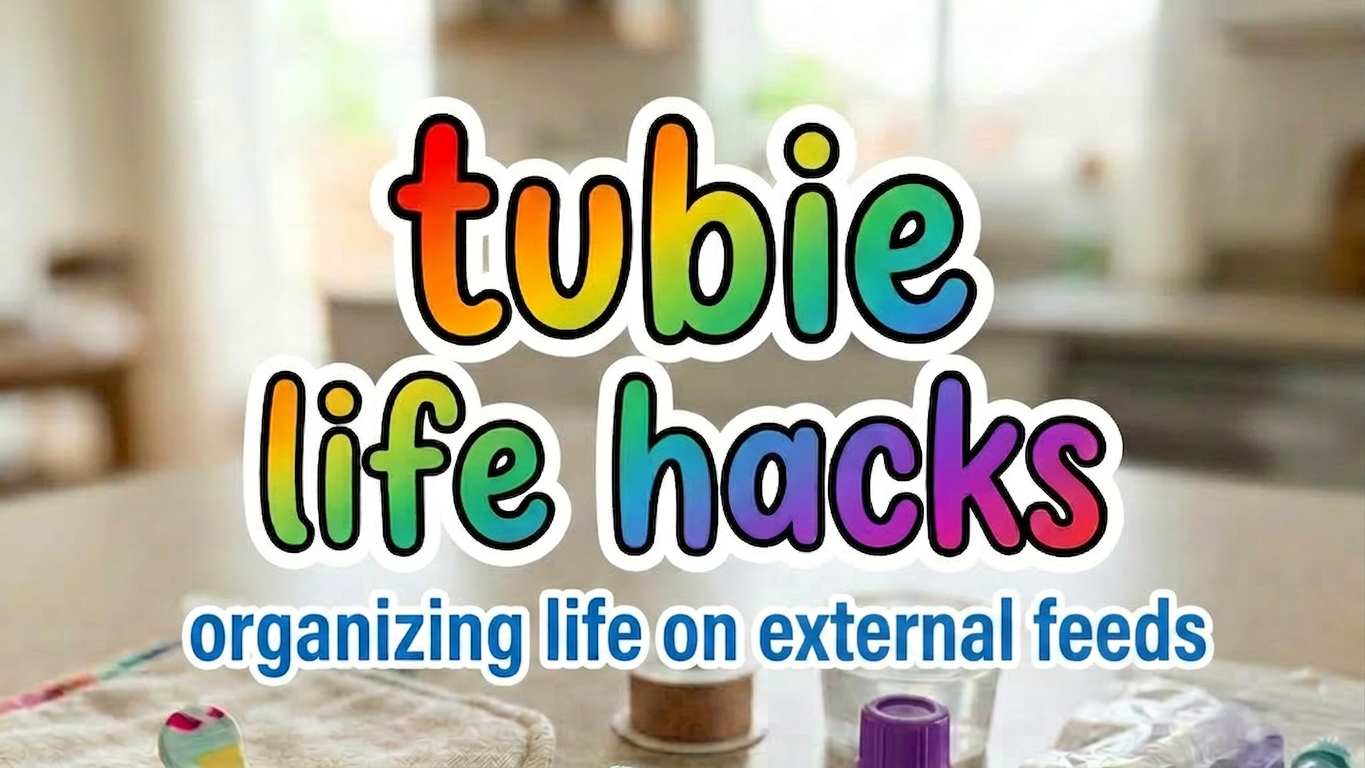 60ml syringe connected to tubing and feeding accessories on a kitchen countertop