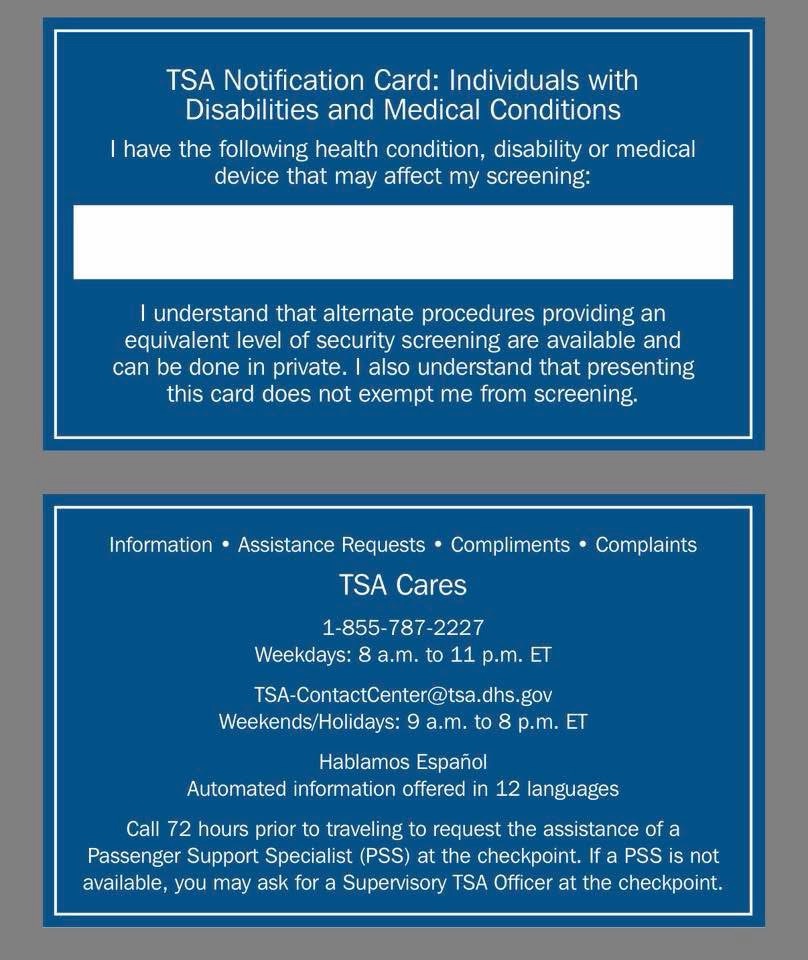TSA Notification Card: Individuals with Disabilities and Medical Conditions